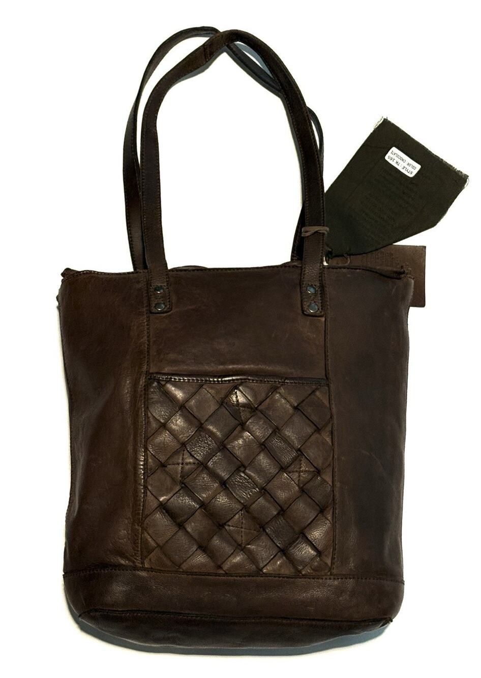Vilenca Holland Leather Tote Shoulder Bag Dark Chocolate Brown Distressed Woven